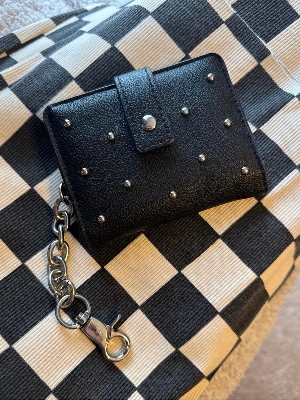 Black Studded Leather Wallet with Silver Chain Key Clip